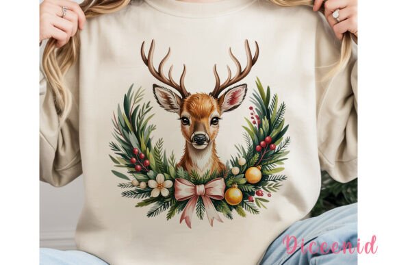 Cute Deer Christmas Wreath PNG Clipart for Illustrations
